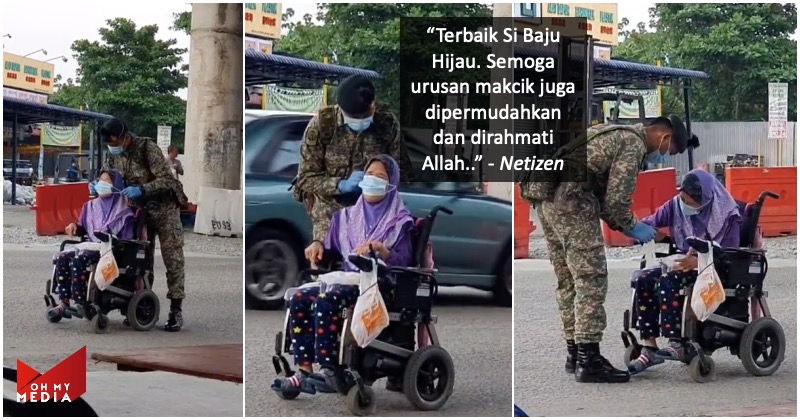 Berkerusi roda beli barang, abang askar pakaikan makcik 