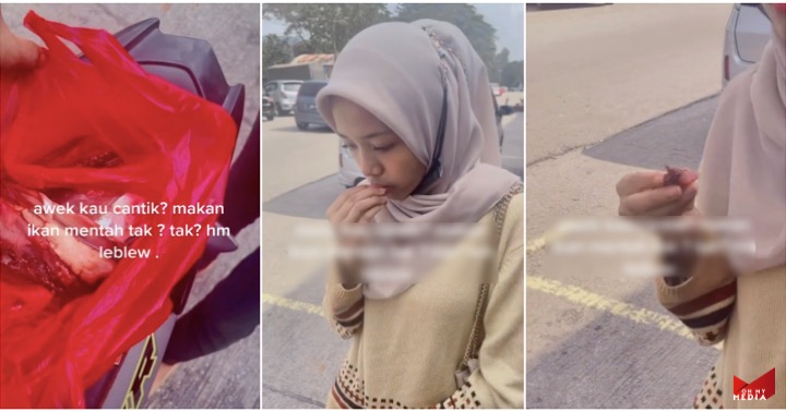 Makan isi ikan mentah masih berdarah, netizen minta gadis pergi jumpa ustaz