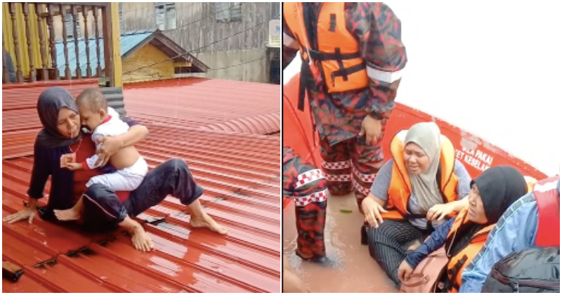 Rumah hampir tenggelam, ibu beranikan diri jalan atas bumbung sambil dukung anak