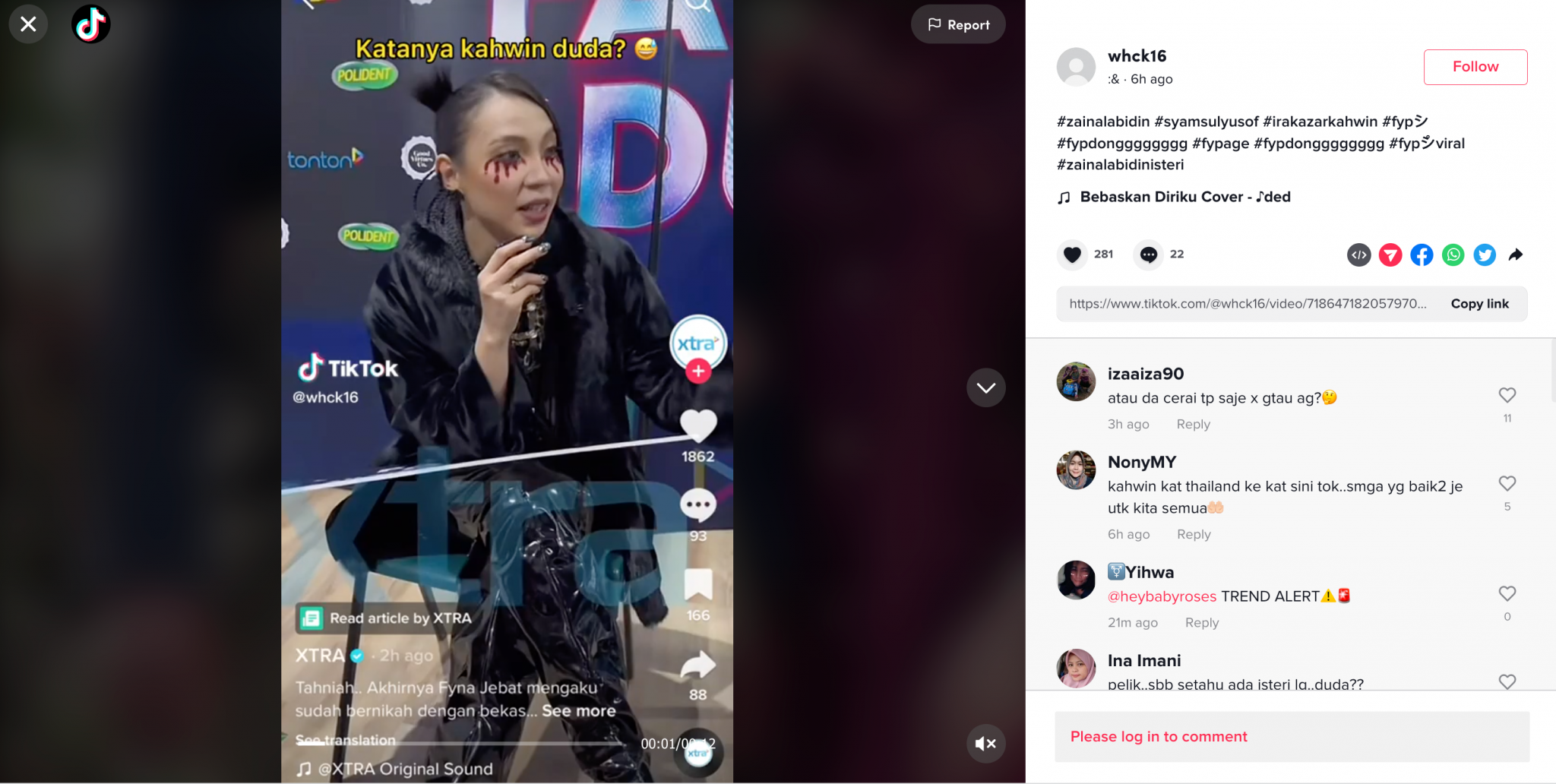 Zainal Abidin Bukan Duda, Netizen Dakwa Fyna Jebat Kahwin Suami Orang?