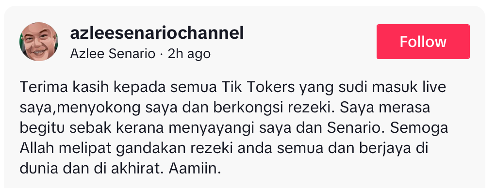 Azlee Senario menangis, terharu peminat beri 'gift' ketika live TikTok