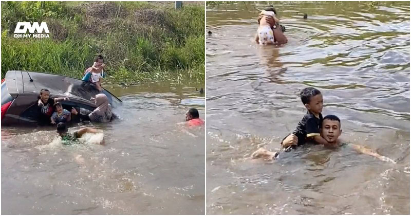 Sekeluarga berdepan detik cemas kereta terbabas dalam sungai, berjaya diselamatkan orang awam