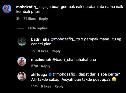 Isu cerai, Alif Teega tak tahu -"Dapat mana cerita tu? Aisyah pun takde post apa2" 8