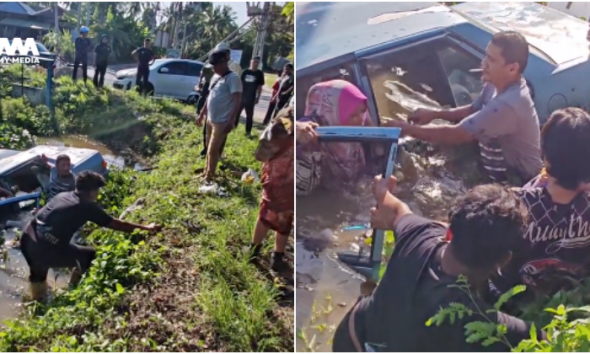 empat penumpang Proton Saga jatuh