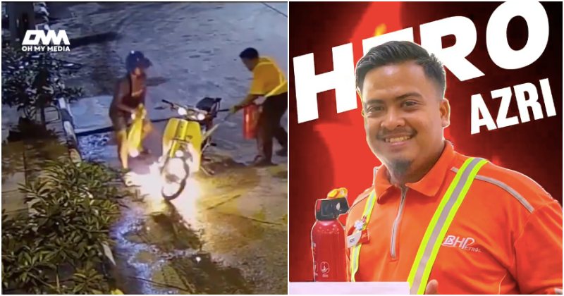 Motosikal terbakar, tindakan pantas pekerja stesen minyak bantu padam kebakaran dipuji