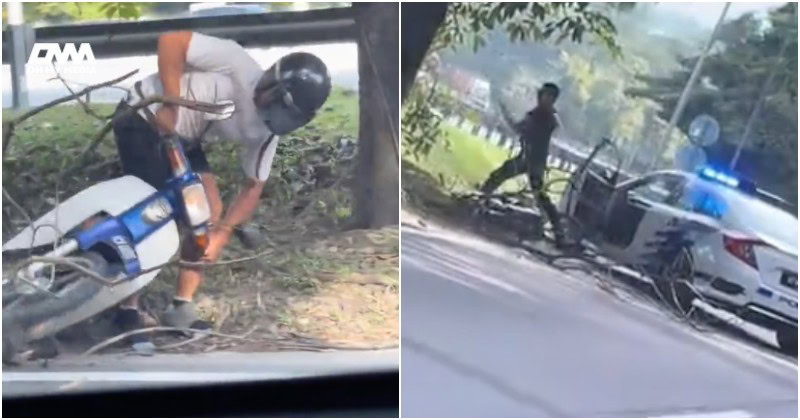 Penunggang motor gelabah lari dari polis, buat ‘u-turn’ tersangkut ranting pula