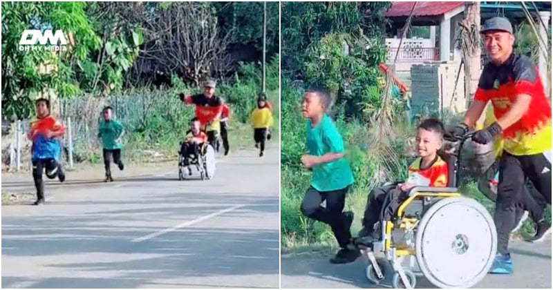 Ibu terharu, cikgu tolak kerusi roda murid OKU sambil berlari ikut merentas desa