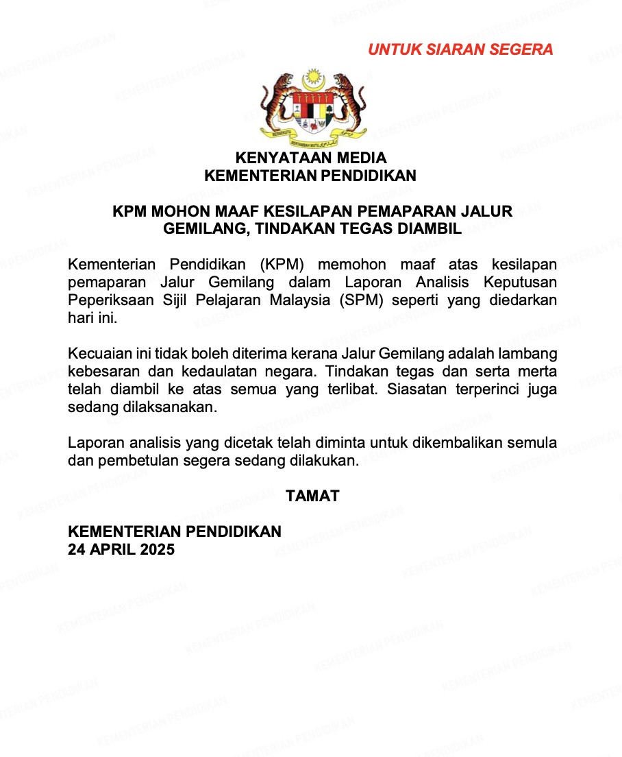 KPM mohon maaf, tersilap Jalur Gemilang dalam laporan SPM