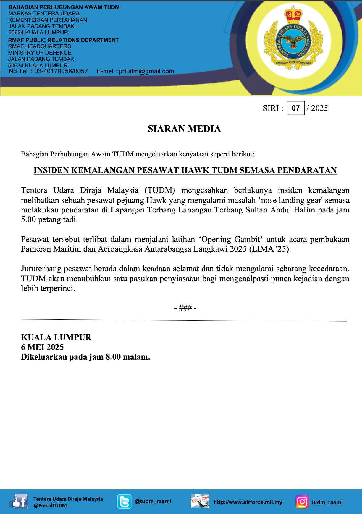 TUDM sahkan insiden