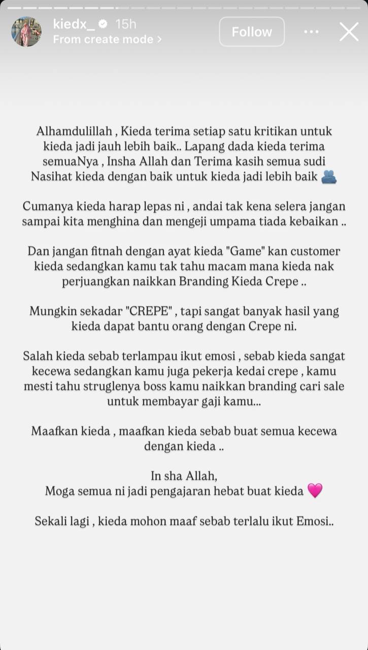 Kieda crepe mengaku terlalu ikut perasaan