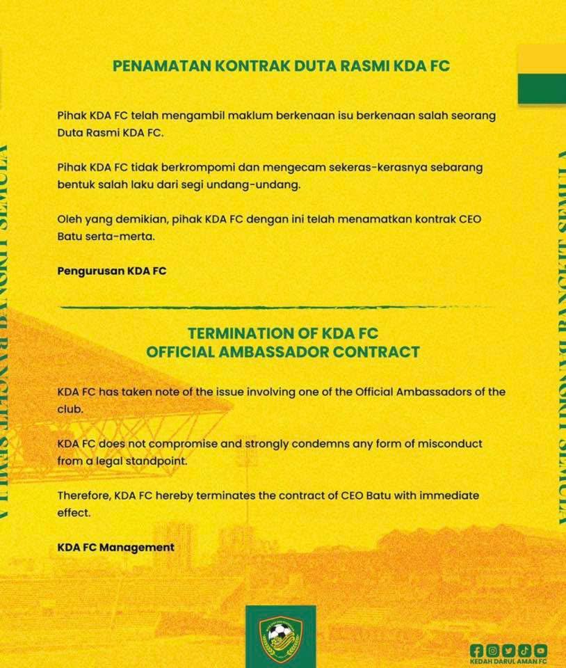 KDA FC tamatkan kontrak CEO Batu