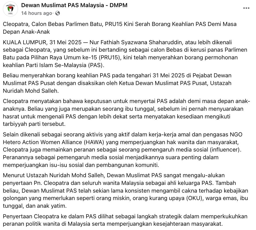 Bekas calon Bebas PRU-15, Cleopatra sah sertai PAS demi masa depan anak-anak