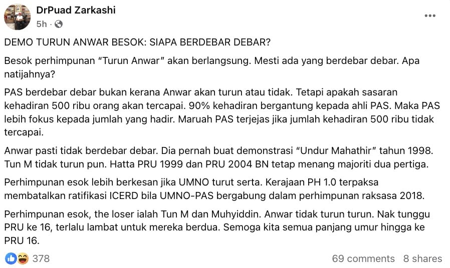 Maruah PAS tercalar jika Himpunan Turun Anwar tak cecah 500,000 peserta -Puad