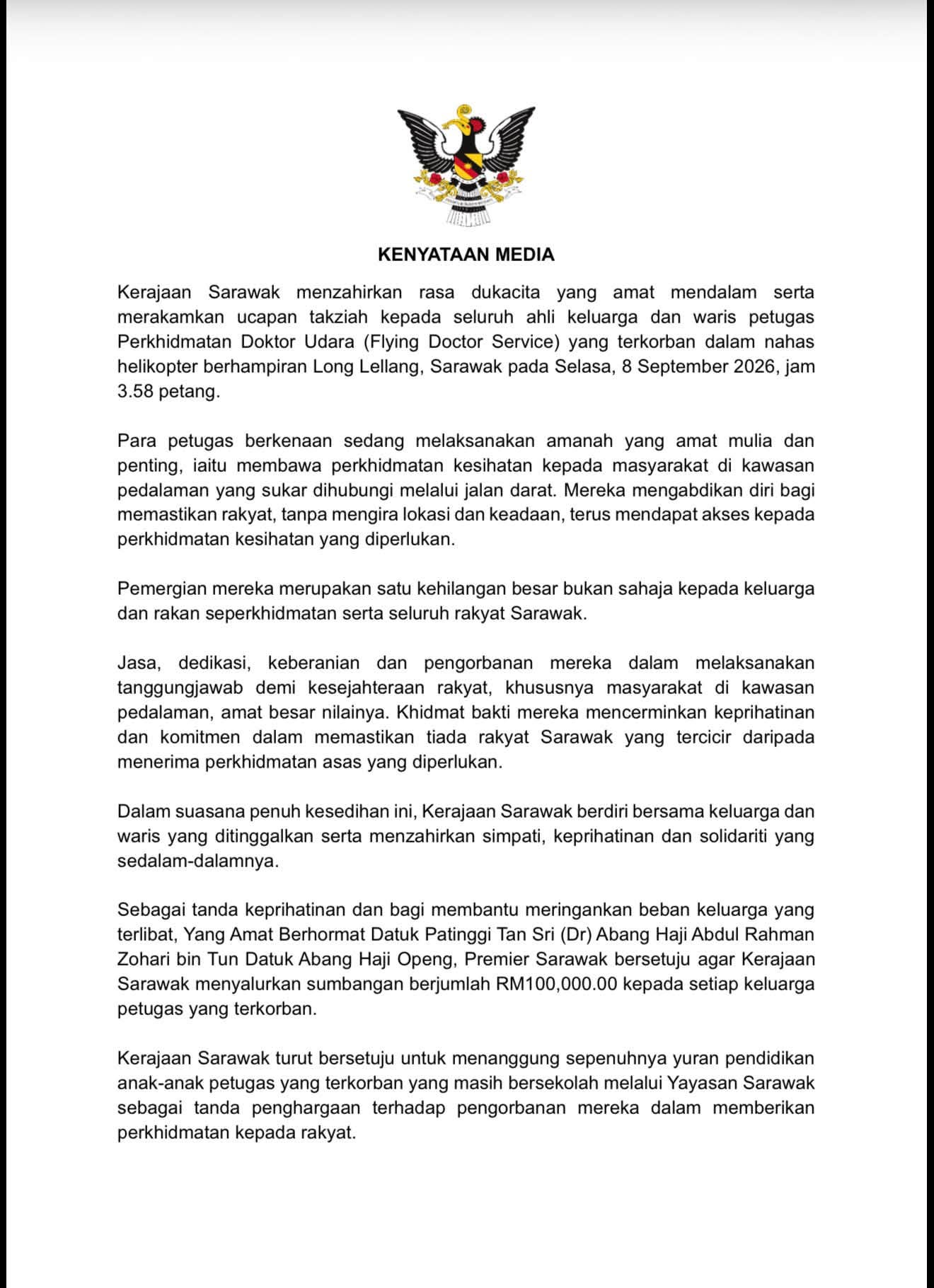 Kerajaan Sarawak sumbang RM100,000 kepada setiap keluarga petugas FDS terkorban Kerajaan Sarawak sumbang RM100,000 kepada setiap keluarga petugas FDS terkorban