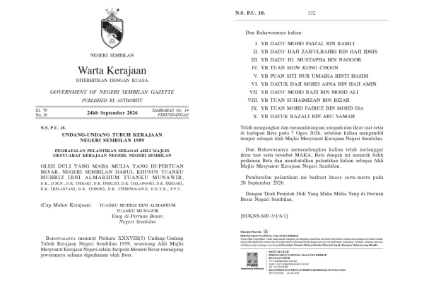 10 Exco Negeri Sembilan hilang jawatan serta-merta, didakwa langgar ikrar taat setia 10 Exco Negeri Sembilan hilang jawatan serta-merta, didakwa langgar ikrar taat setia
